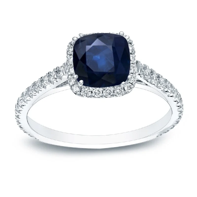 Auriya 14k Gold 3/4ct Cushion-cut Blue Sapphire and Diamond Halo Engagement Ring 3/4cttw (H-I, SI1-SI2)