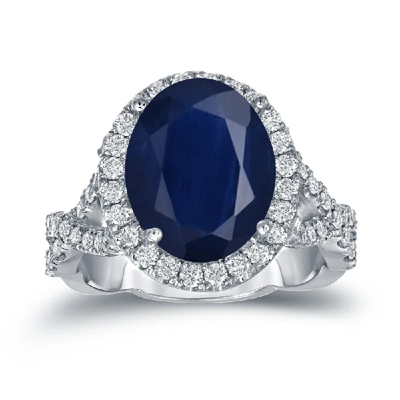 14k Gold 5ct Sapphire Oval and 3/4ct TDW Diamond Halo Engagement Ring (H-I, SI1-SI2)