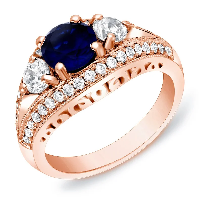 Auriya Vintage 3-Stone 1ct Blue Sapphire and 1/2ct TDW Diamond Engagement Ring 14k Rose Gold