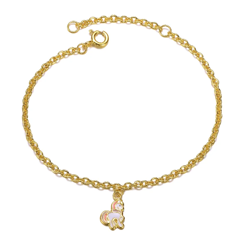 14k Gold Plated Pink & White Enamel Unicorn Charm Bracelet