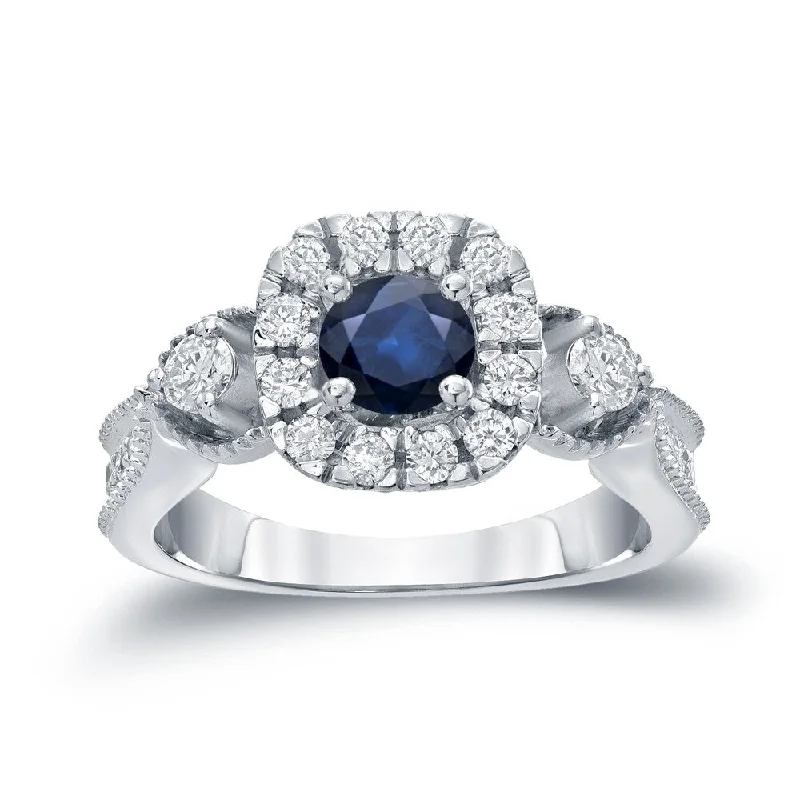 14k Gold Round 1/2ct Blue Sapphire and 1/2ct TDW Diamond Halo Engagement Ring