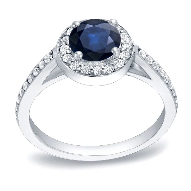 Platinum Round 3/4ct Sapphire and 1/3ct TDW Diamond Halo Engagement Ring by Auriya