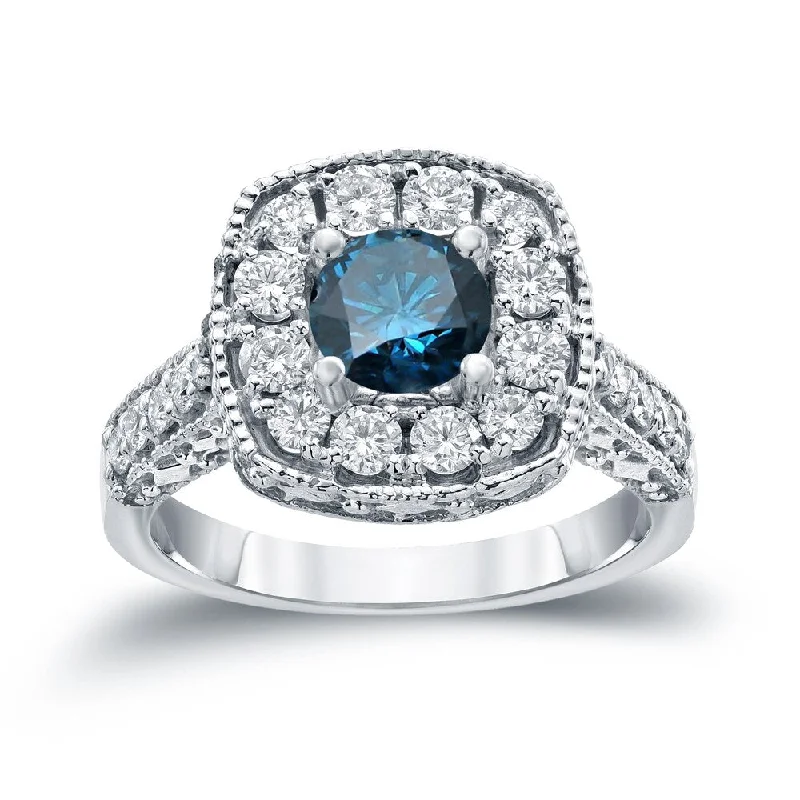 Auriya Ornate 1 1/2ctw Halo Blue Diamond Engagement Ring 14k Gold