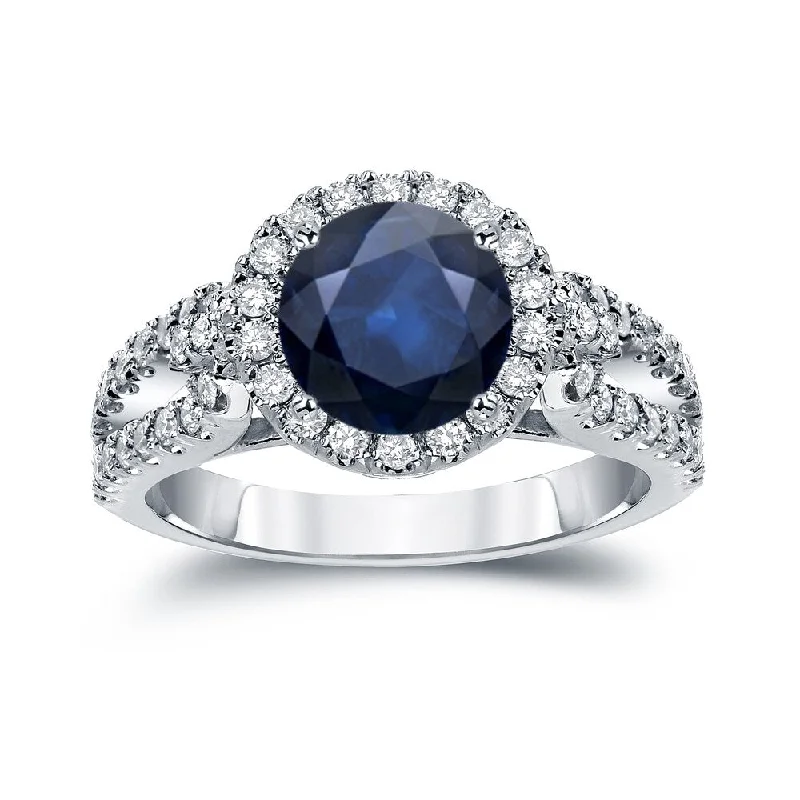 14k Gold Round 1 1/2ct Blue Sapphire and 4/5ct TDW Diamond Halo Engagement Ring by Auriya