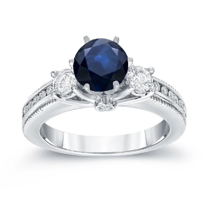 Auriya Vintage 7/8ct Sapphire and 3/5ct TDW 3-Stone Diamond Engagement Ring 14k Gold (G-H, SI2-SI3)