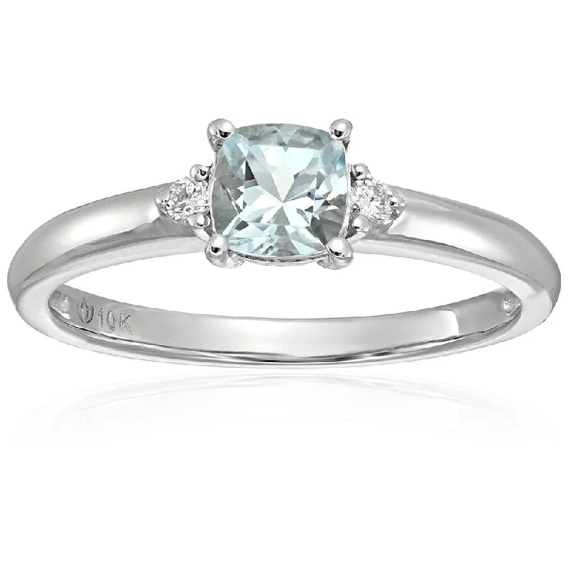 10k White Gold Aquamarine Diamond Accent Classic Engagement Ring, Sz 7 - Blue