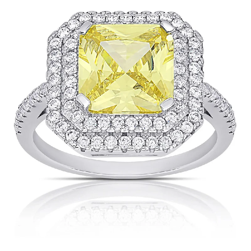 Dolce Giavonna Sterling Silver Simulated Yellow Diamond and Cubic Zirconia Square Halo Engagement Ring