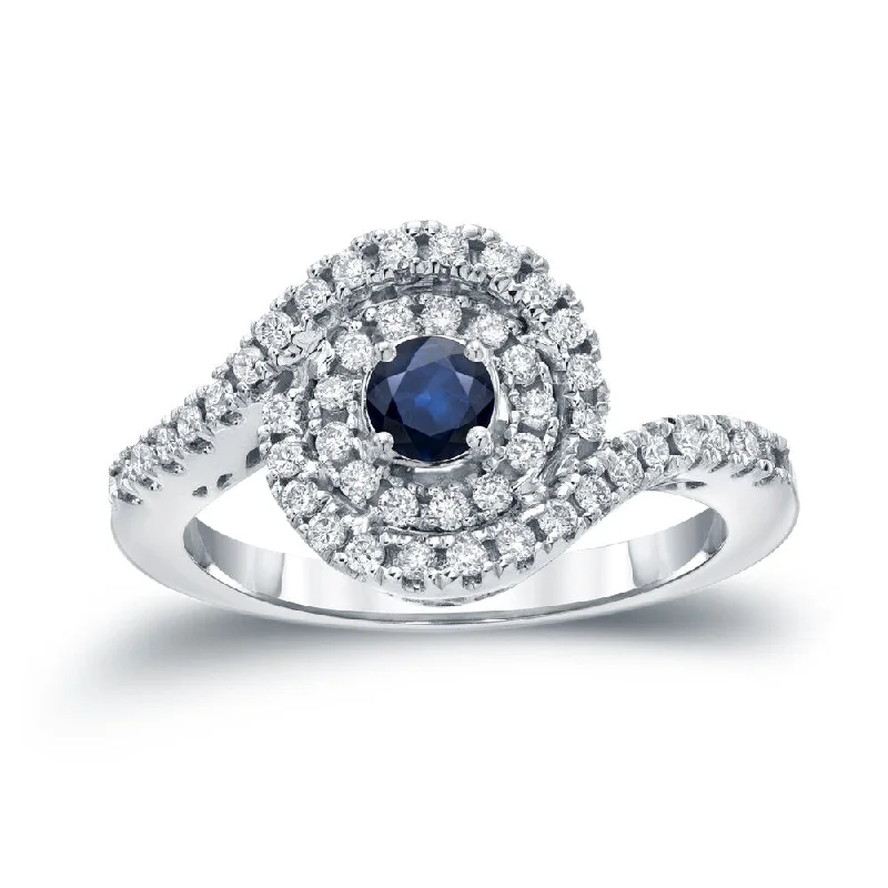 14k Gold Round 1/5ct Blue Sapphire and 3/5ct TDW Diamond Halo Engagement Ring