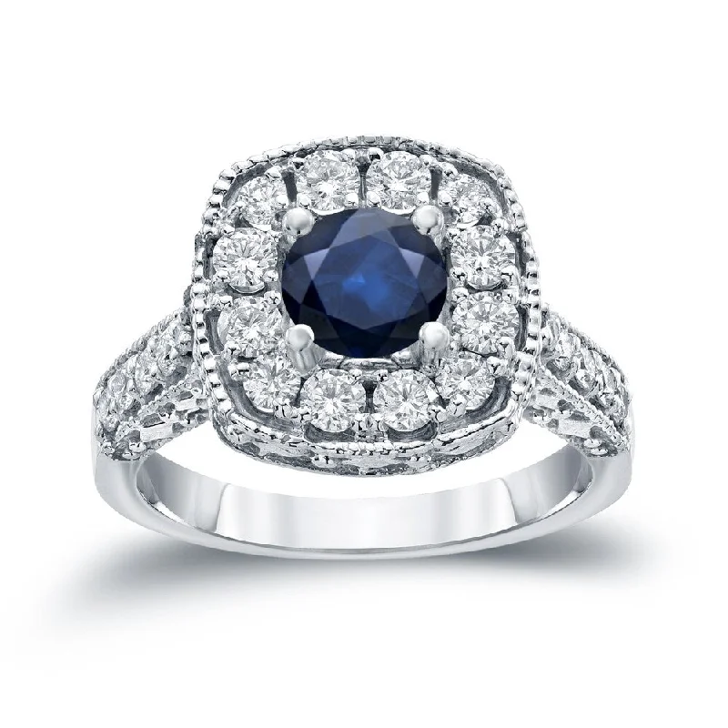 14k Gold Round 3/4ct Blue Sapphire and 3/4ct TDW Diamond Halo Engagement Ring