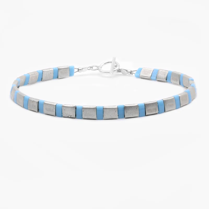 Silver Bracelet With Hand-Forged Tila Beads (Light Blue)