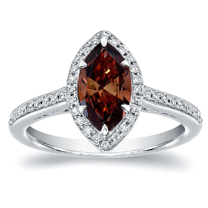 Auriya Brown Marquise Halo Diamond Engagement Ring 1 1/3ct TDW 18k White Gold