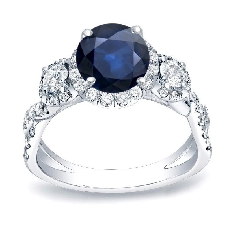 Auriya Modern Twisted Split-Shank 1ct Sapphire and 1ct TDW 3-Stone Diamond Halo Engagement Ring 14K Gold (H-I, SI1-SI2)