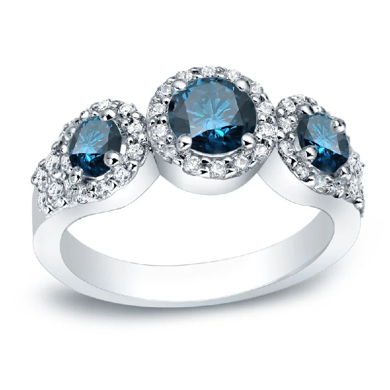 Auriya Platinum 1 1/5ctw 3-stone Halo Blue Diamond Engagement Ring