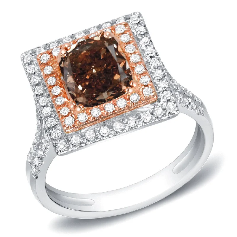 14k Two-Tone Rose Gold 1 3/4ct TDW Cushion-Cut Brown Diamond Halo Engagement Ring by Auriya