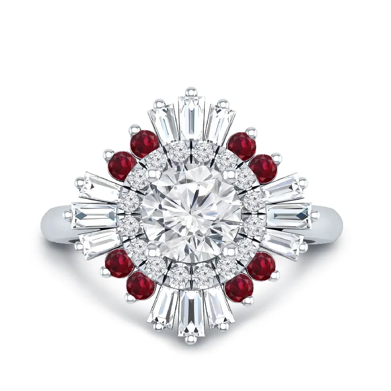 Auriya Vintage Ballerina 3/4ct Moissanite and Red Ruby & Halo Diamond Engagement Ring 14k Gold