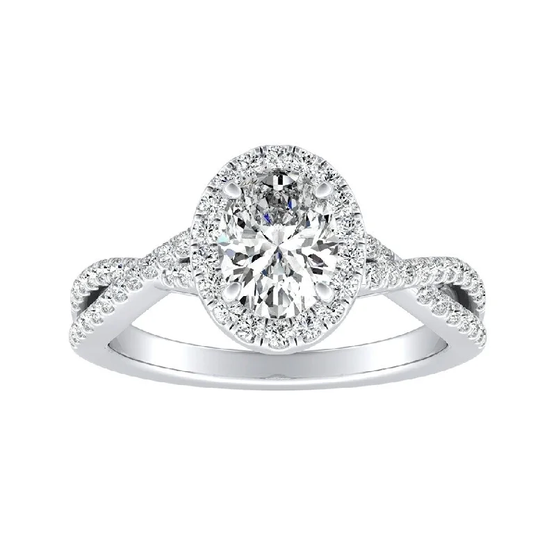 Twisted Oval-cut 3/4ctw Halo Diamond Engagement Ring 18k Gold by Auriya (H-I, SI1-SI2)