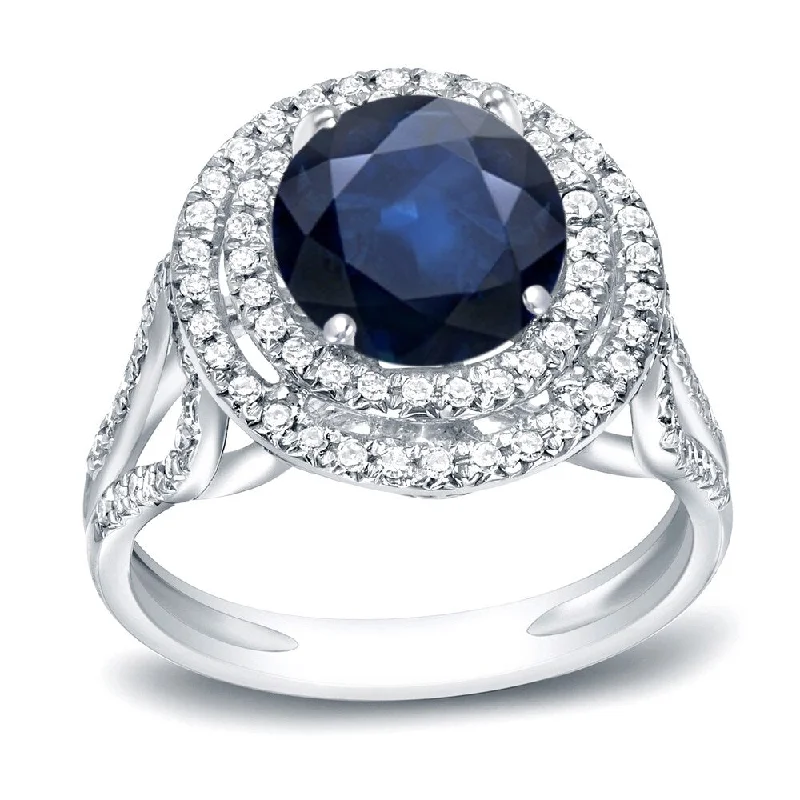 Platinum Round 1 1/4ct Sapphire and 1/2ct TDW Diamond Halo Engagement Ring by Auriya