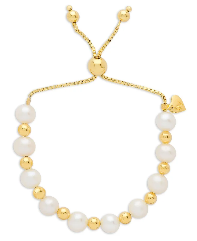 Freshwater Pearl & Gold Ball Bolo Bracelet in Sterling Silver