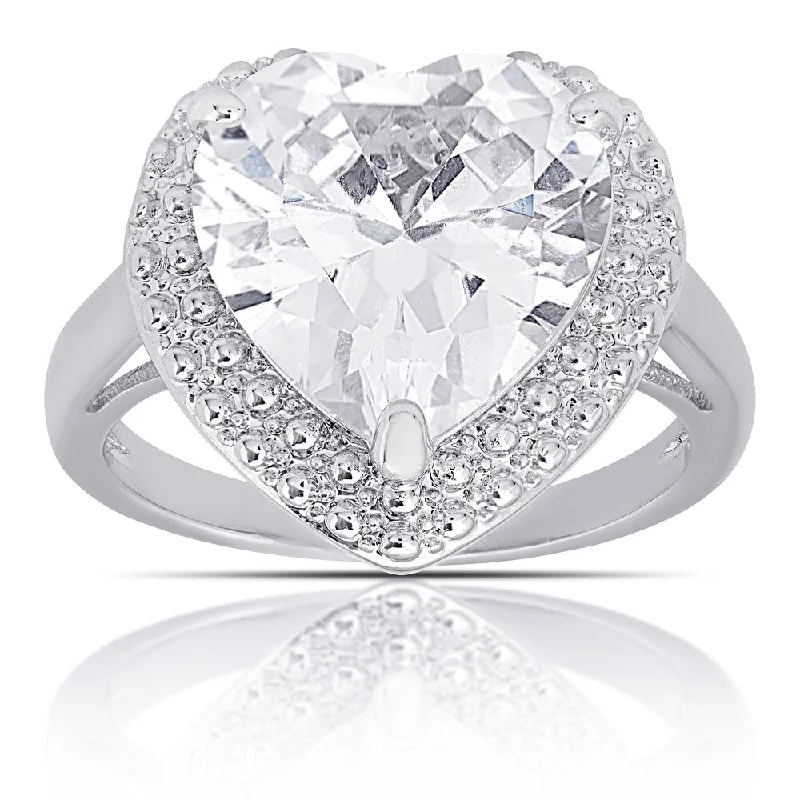 Dolce Giavonna Silver Overlay Cubic Zirconia Heart Engagement Ring