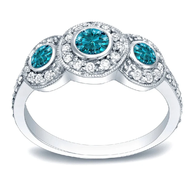 Auriya 1ctw Unique 3-stone Halo Blue Diamond Engagement Ring 14k Gold