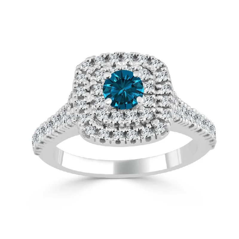 14k Gold 1ct TDW Round Blue Diamond Halo Engagement Ring by Auriya