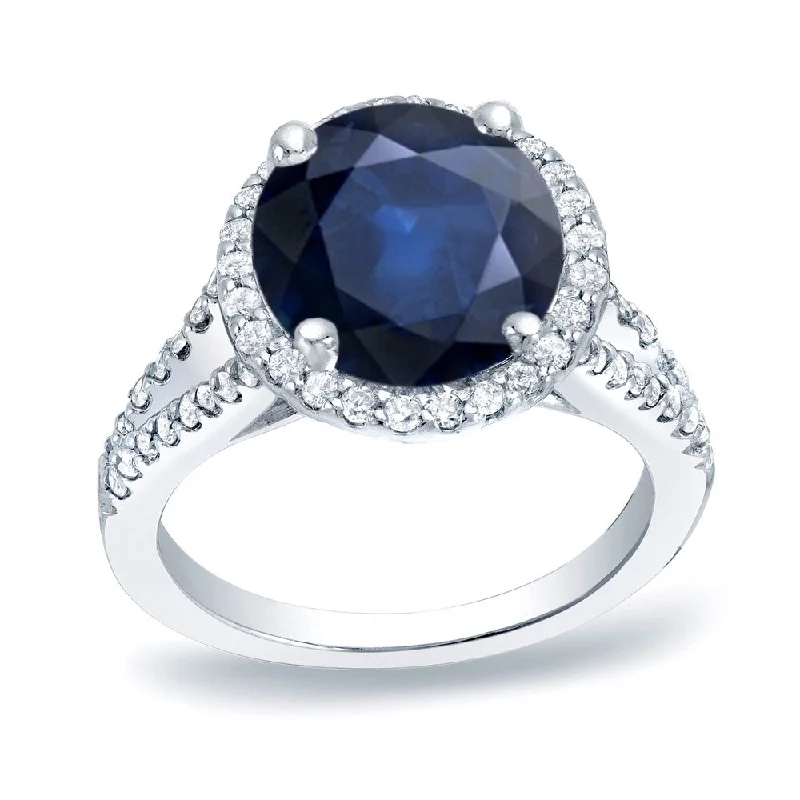 Platinum Round 1 1/5ct Sapphire and 1/2ct TDW Diamond Halo Engagement Ring by Auriya