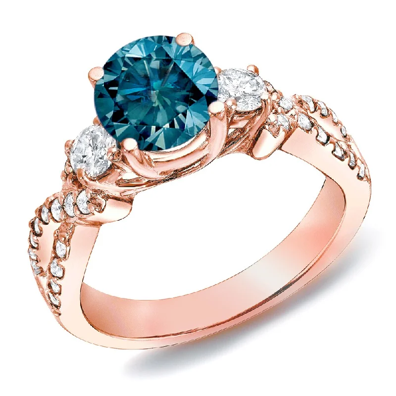 Auriya 14k Rose Gold 1 1/2ctw 3-stone Blue Diamond Engagement Ring