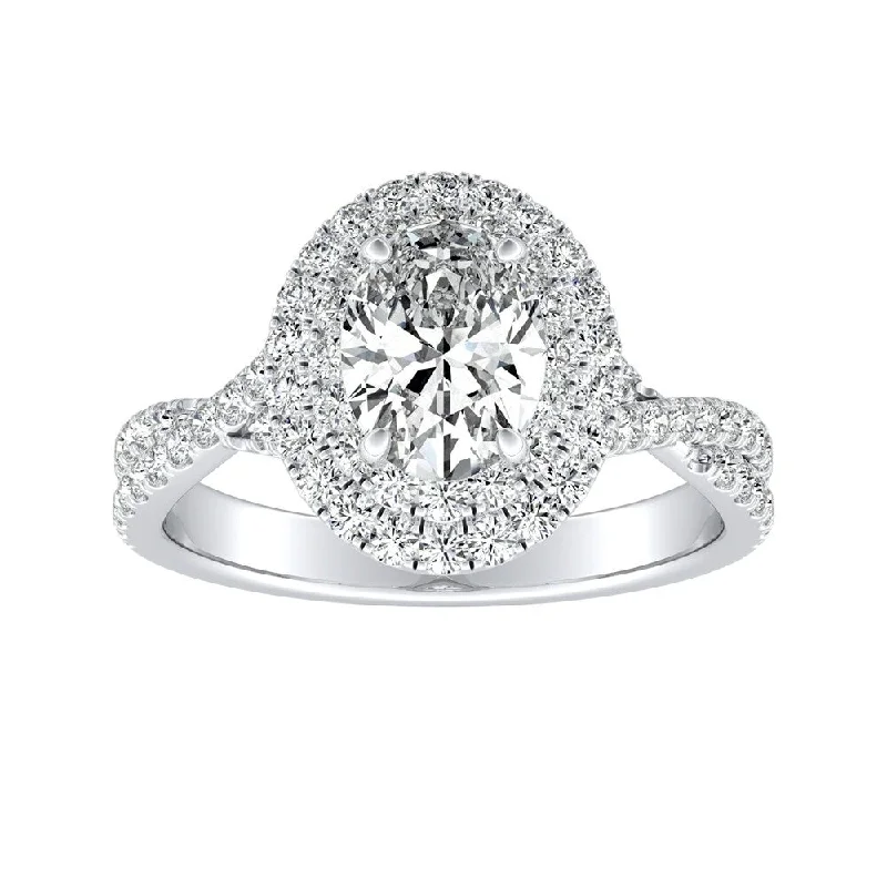 Twisted Oval Shape 1ctw Double Halo Diamond Engagement Ring 18k Gold by Auriya