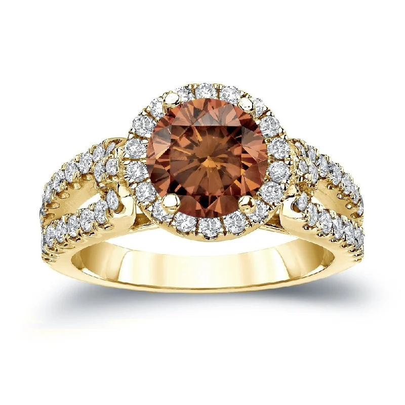 Auriya 1 1/2ctw Round Brown Diamond Halo Engagement Ring 14k Gold