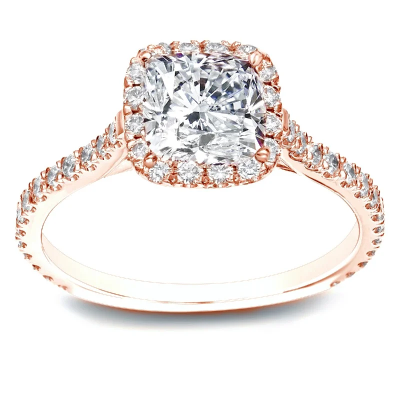 Auriya 14k Rose Gold 1 1/2ctw Cushion-cut Halo Diamond Engagement Ring Certified (H-I, SI1-SI2)