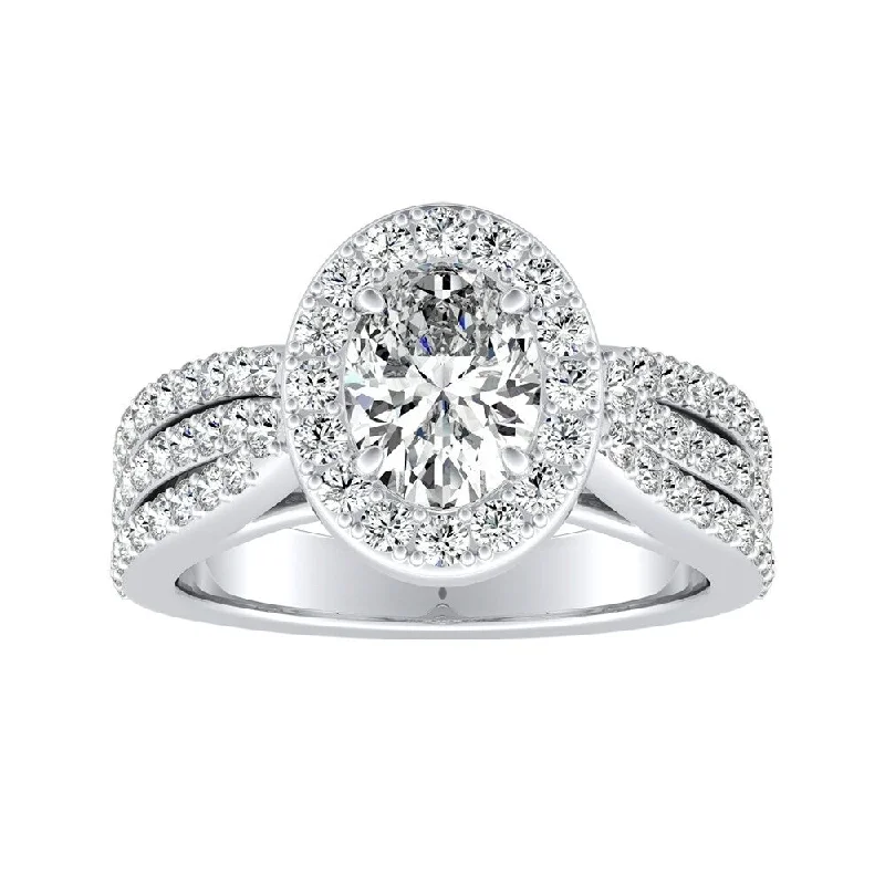 Triple Band Oval-cut Halo Diamond Engagement Ring 1 3/4ctw 14k Gold by Auriya