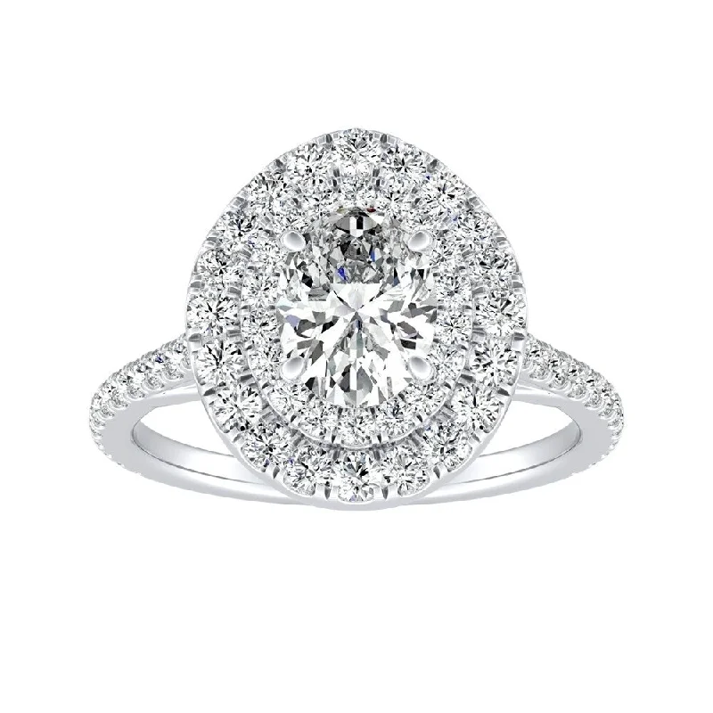 Oval Shape 1 carat TW Double Halo Diamond Engagement Ring 14k Gold by Auriya (I-J, I1-I2)