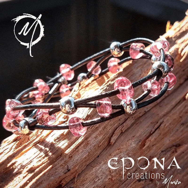 Pretty in Pink glass beaded leather bracelet