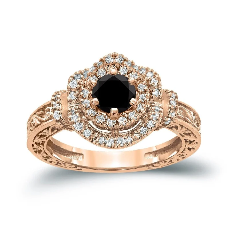 Auriya 1 Carat tw Vintage Round Black Diamond Engagement Ring in 14KT