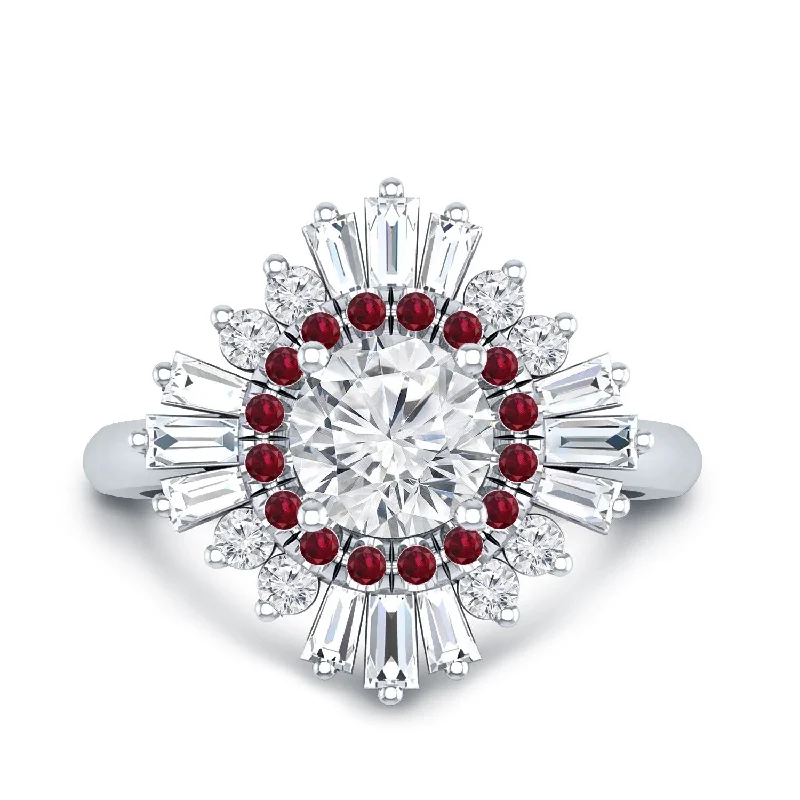 Auriya Vintage Ballerina 3/4ct Moissanite and Red Ruby & Halo Diamond Engagement Ring 14k Gold