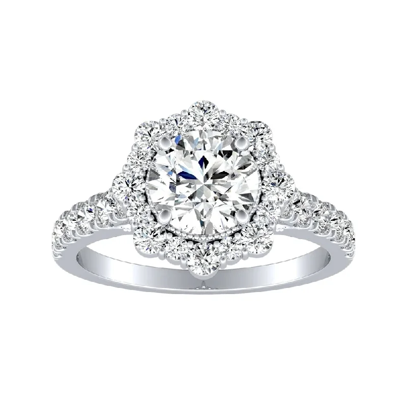 Auriya 14k Gold Vintage Round 2 1/2ct Moissanite and 3/4ctw Halo Diamond Engagement Ring