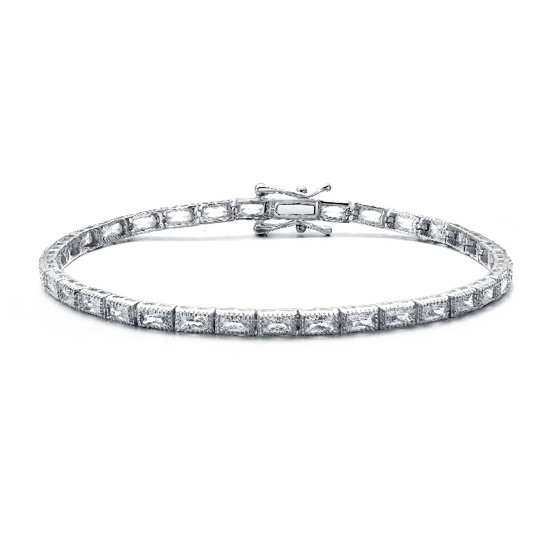 Rhodium-Plated with Cubic Zirconia Vintage Milgrain Tennis Bracelet in Sterling Silver