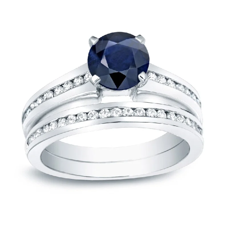 Auriya Round 3/4ct Blue Sapphire and 3/4cttw Channel Diamond Engagement Ring 14K Gold