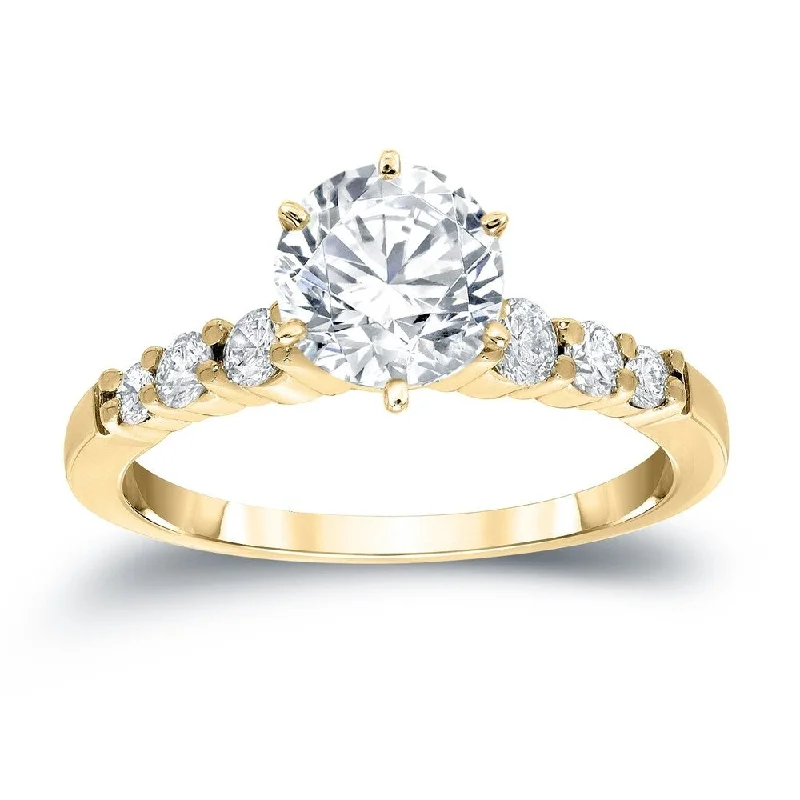 Auriya Classic 1 carat Round Moissanite and 1/3ct Side Stone Diamond Engagement Ring 14K Gold