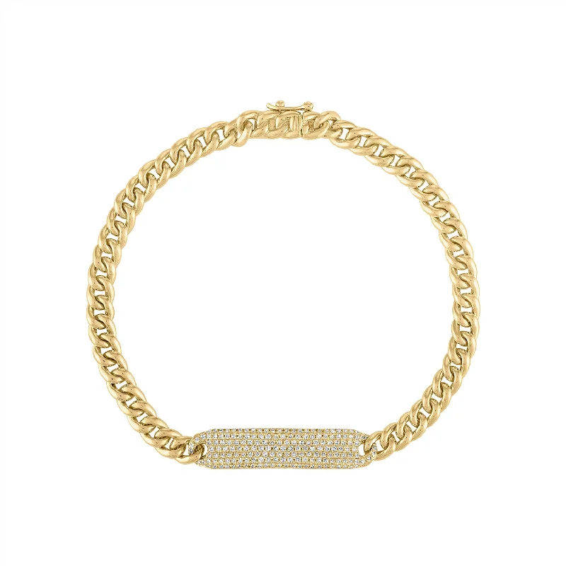 14KT GOLD DIAMOND PAVE BAR CURB LINK BRACELET