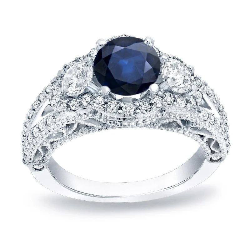 Auriya 14k Gold 3/4ct Vintage Blue Sapphire 3-Stone Diamond Engagement Ring 1 1/4ctw (H-I, SI1-SI2)