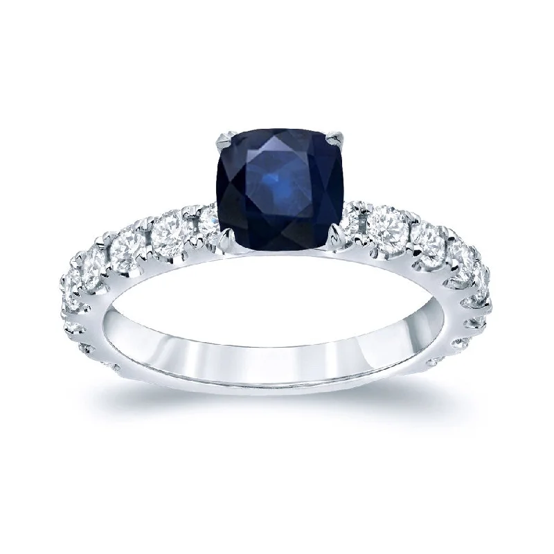 Platinum 1ct Cushion-Cut Blue Sapphire and 1ct TDW Side Stone Diamond Engagement Ring (H-I, SI1-SI2)