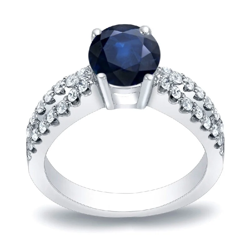 Platinum Round 3/5ct Blue Sapphire and 2/5ct TDW Diamond Engagement Ring by Auriya