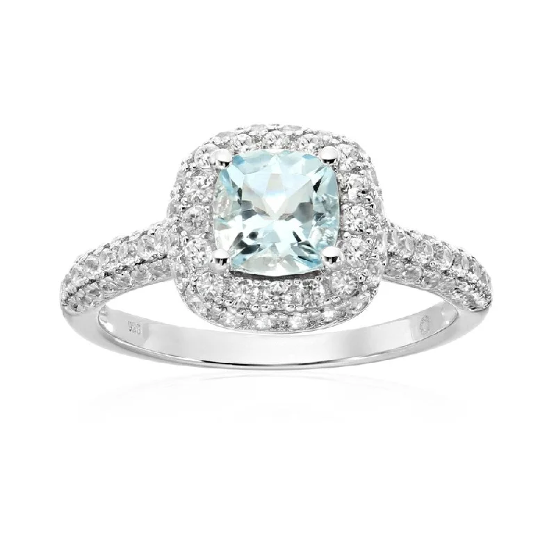 Sterling Silver Aquamarine Cushion Halo Engagement Ring