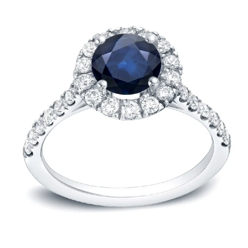 Auriya 14k Gold Round 1ct Blue Sapphire and 1/2ct Halo Diamond Engagement Ring