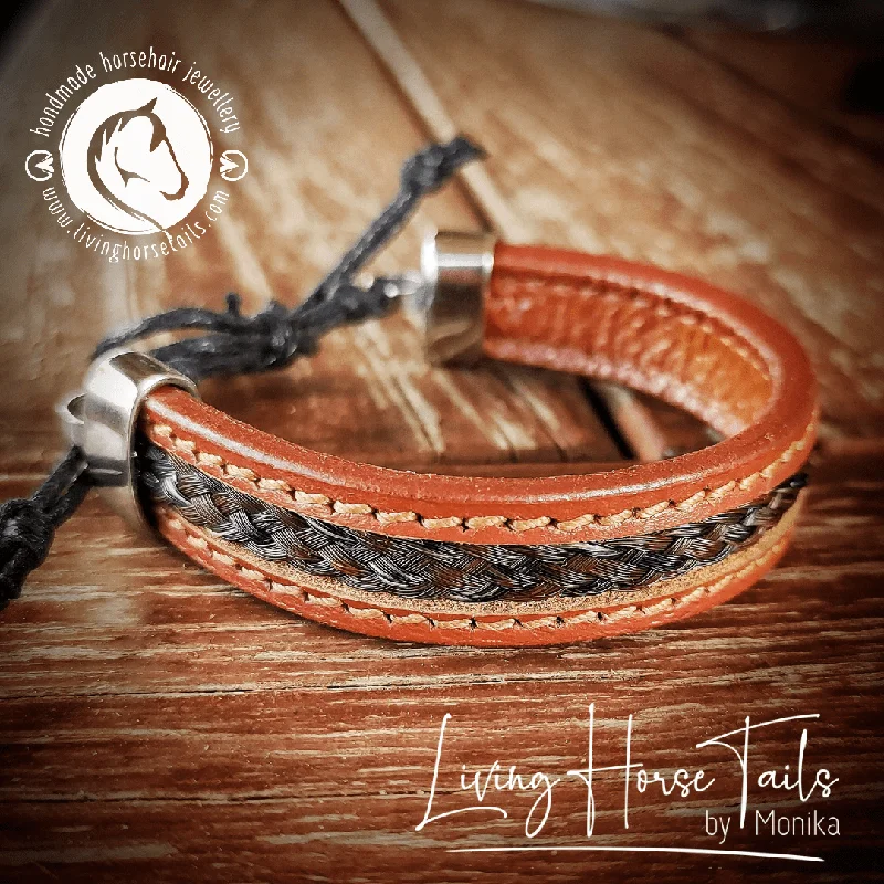 Stitched leather and horsehair stainless steel adjustable unisex bracelet