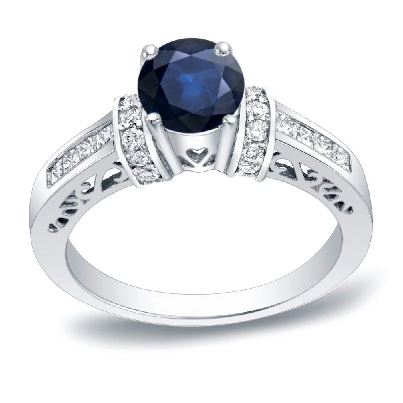 Platinum Round 1/2ct Blue Sapphire and 3/4ct TDW Diamond Engagement Ring by Auriya (H-I, SI1-SI2)