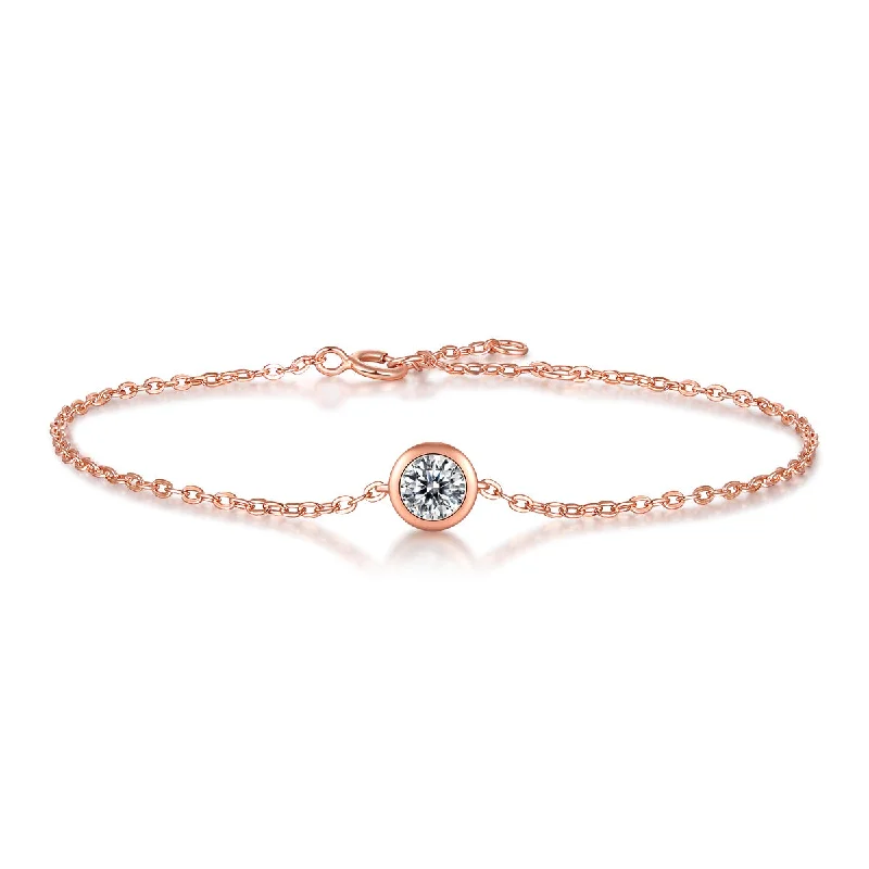 Sterling Silver 18k Rose Gold Plated with 0.50ct Lab Created Moissanite Solitaire Station Charm Adjustable Bracelet