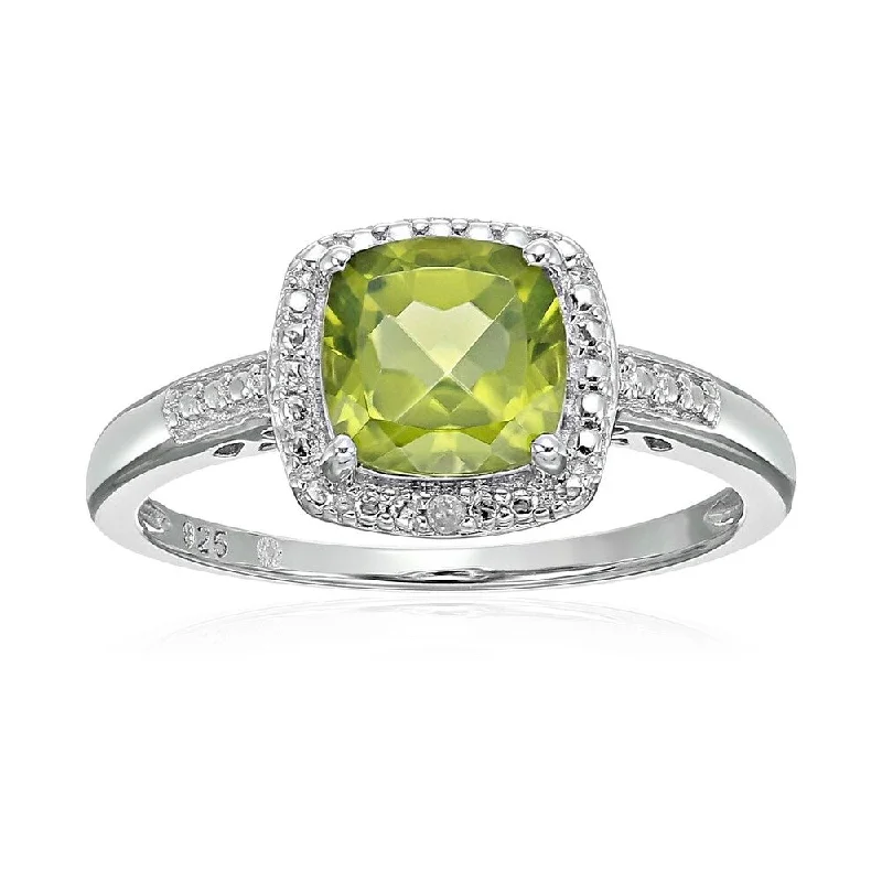 Sterling Silver Cushion Peridot & Diamond Engagement Ring, Size 7