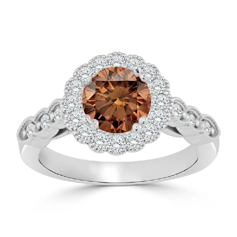 Auriya 14k Gold Vintage Inspired 1 1/2ct TDW Round Brown Diamond Floral Halo Engagement Ring